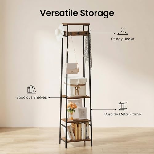 Coat Rack Freestanding, Coat Stand with 3 Shelves and 7 Hooks, Hall Tree Free Standing, Clothes Rack Stand Organizer, Industrial Style, Rustic Brown and Black - color: Rustic Brown and Black, style: 3 Shelves