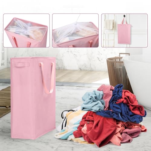 Odonata Slim Laundry Hamper Handles Collapsible Laundry Basket Thin Dirty Clothes Basket Narrow Laundry Bag Foldable Dirty Hamper 45L (Pink) - color: Pink