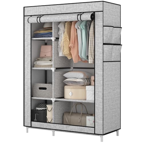 Calmootey Portable Closet Organizers, Clothing Storage, Wardrobe with 6 Shelves and Hanging Rod, Non-Woven Fabric Cover with 4 Side Pockets, Ash Grey - color: Ash Grey