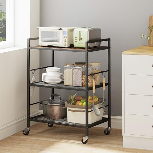 3-Tier Metal Storage Rack with Industrial Wheels,Mesh Shelving Unit with Wooden Table top,Adjustable Shelf,23.6-Inch Width,15.8-Inch Depth, for Kitchen, Laundry,Pantry,Plant,Black - color: Brown Panel, size: 3 Tier (23.6"W x 15.8"D)