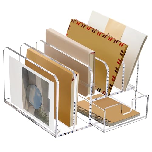SANRUI Desk Organizers and Accessories, Acrylic Mail Organizer Countertop, 5-Slots File Sorter with Drawer, Desktop Organizer for Office Supplies - style: 5 Sections With Drawer