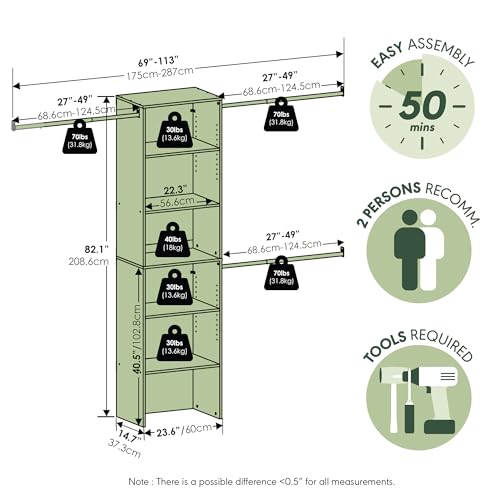 Furinno FANO Closet Organizers and Storage, 5-Tier Wide Closet Storage Organizer with 3 Hanging Bars and Adjustable Shelf, Wardrobe Closet Shelf Tower, 14.8 x 23.6 x 82.1 for Wardrobe, Bedroom, White - color: White, size: 3-Hanging-Bar, 23.6" Wide Shelf