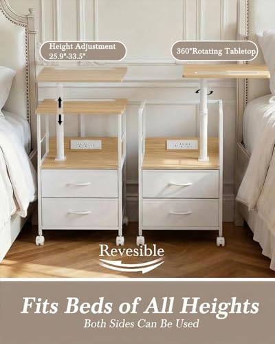 Faesun Swivel Lift Top Nightstand with Charging Station, Rolling Side Table for Recliner, Bedside Table with Wheels & 2 Fabric Drawers, for Small Spaces, for Bedroom, Living Room, Oak White - color: Oak White, size: 2 Drawers
