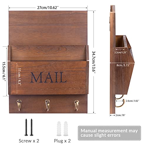 DLQuarts Mail Organizer with Key Holder for Wall Decorative Mail Sorter Wall Mounted, Wooden Mail Holder with 3 Hooks, Dark Brown - color: Dark Brown