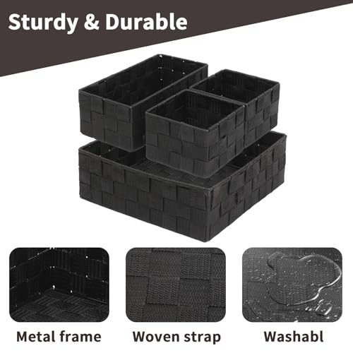 Woven Storage Baskets Set of 4, Stackable Fabric Storage Bins with Metal Frame for Closet, Shelf, Drawer, Nursery, and Office Organization – Polypropylene Organizer Boxes, Black - color: Black, size: 4PCS-without lid