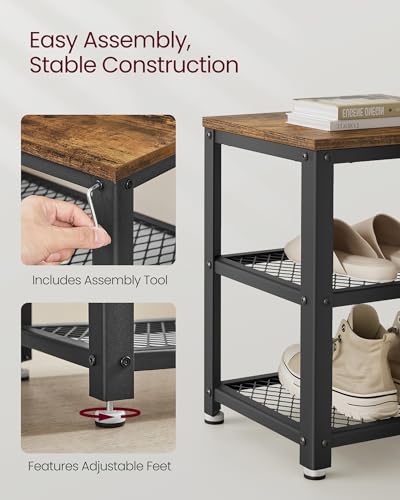 VASAGLE 3-Tier Shoe Rack, Shelf Storage Bench with Metal Mesh Shelves and Seat, Free Standing Shoe Organizer for Entryway, 11.8 x 28.7 x 17.7 Inches, Rustic Brown and Black ULBS73X - color: Rustic Brown + Black, size: 28.7"W x 17.7"H, style: Bench