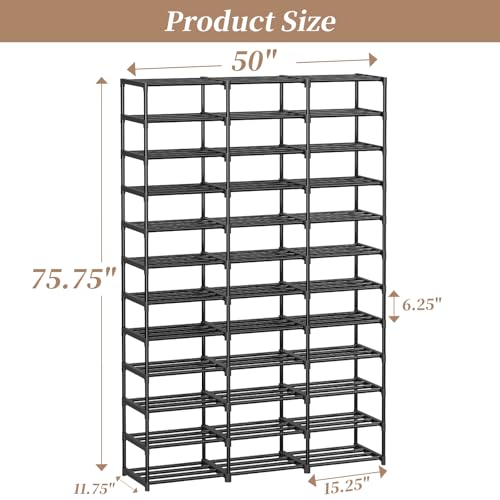 Ekisemio Shoe Rack Large Capacity 72 Pairs Tall Shoe Shelf, 3 Row 12 Tiers Sturdy Metal Shoe Organizer for Entryway, Closet, Bedroom, Black - size: 3 Row 12 Tiers