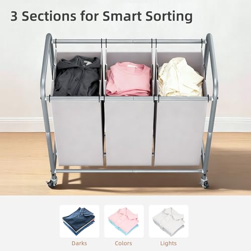 STORAGE MANIAC 3 Section Laundry Sorter, 35.6 Gal (135 L) Laundry Hamper Cart with Heavy Duty Rolling Lockable Wheels and Removable Bags, Clothes Organizer Basket Clothes Separator Hamper, Gray - color: Gray, size: 3 Section