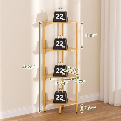 Corner Shelf Stand, 4 Tier Bamboo Corner Organizer, Narrow Tall Bookcase, Corner Shower Caddy, Plant Display Shelf, Open Storage Shelves for Living Room, Kitchen, Office, Balcony, Bathroom - size: 4 Tier