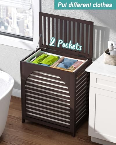 Laundry Hamper, 27.3 Gallon (103L) Bamboo Wood Clothes Laundry Basket with Lid and Handles, Removable Liner - color: Brown, size: Extra Large