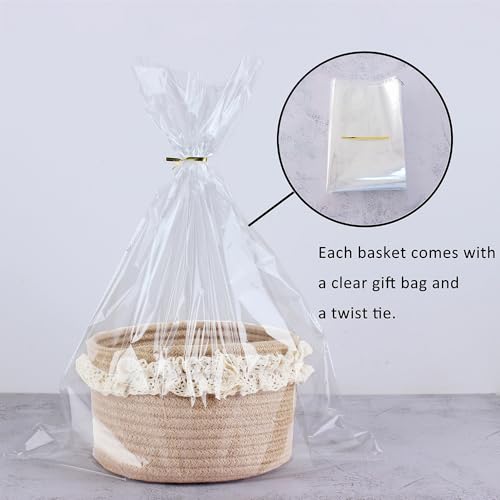 Yimi's Dream Basket for Gifts, Small Cute Round Baskets for Baby, Wedding, Birthday, Mini Decorative Jute Rope Baskets for Home Decor (Brown, 8"x 8"x 5") - color: brown with lace, size: Round - 8''x8"x5"