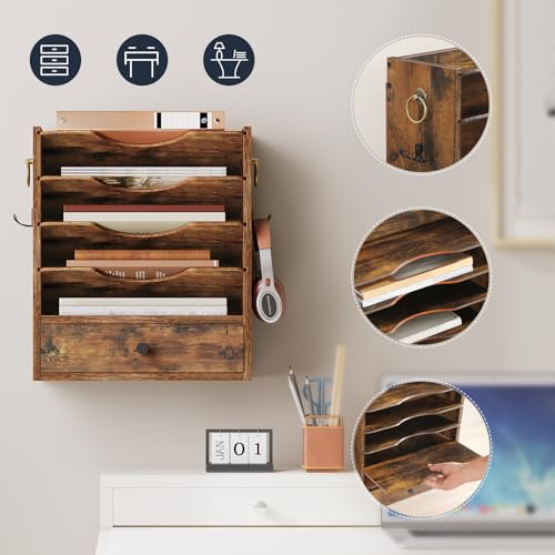 HOOBRO Wall File Organizer, Mail Organizer Wall Mounted, Wooden Literature Organizer, Construction Paper Organizer with Drawer Storage and 2 Hooks, for Office, Classroom, Home, Rustic Brown FG14WF01 - color: Rustic Brown
