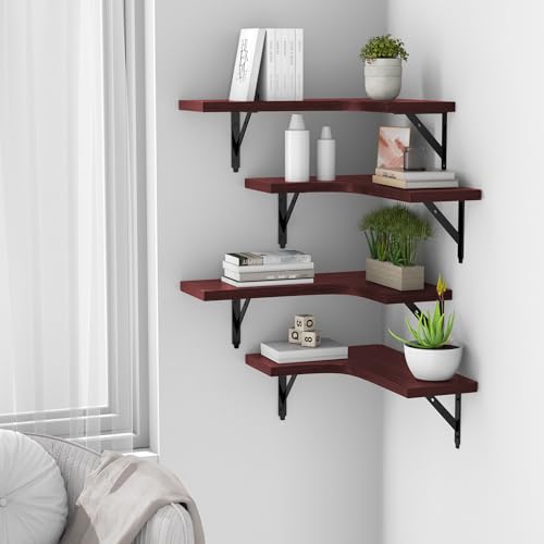 ROMGUAR CRAFT Corner Floating Shelves Wall Mounted Set of 4, Rustic Wood Storage Display Wall Shelves for Home Decor, Bathroom, Kitchen, Bedroom, Living Room, Office (Red) - color: Red