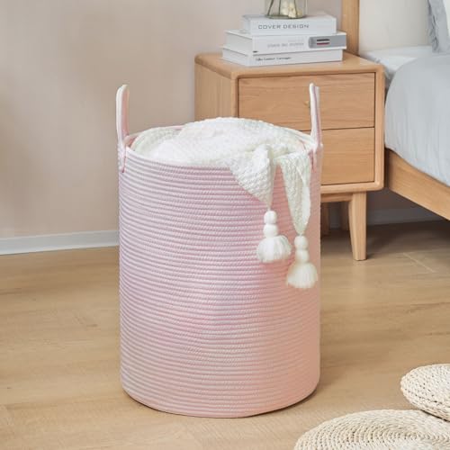 YOUDENOVA Laundry Hamper Basket, Woven 58L Tall Laundry Basket for Blanket Organizer- Nursery Hamper for Bedroom And Bathroom Storage - color: Light Pink, size: Tall (58L )