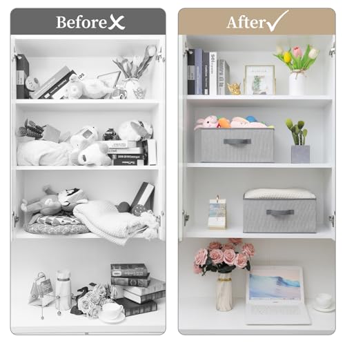 Storage Baskets, 15.7 Inch Woven Fabric Bins, Storage Cubes with Reinforced Handles, Organizer Bins for Closet Shelves, Foldable, for Toys, Clothes (3PCS/Grey-15.7*11*7.8inch)