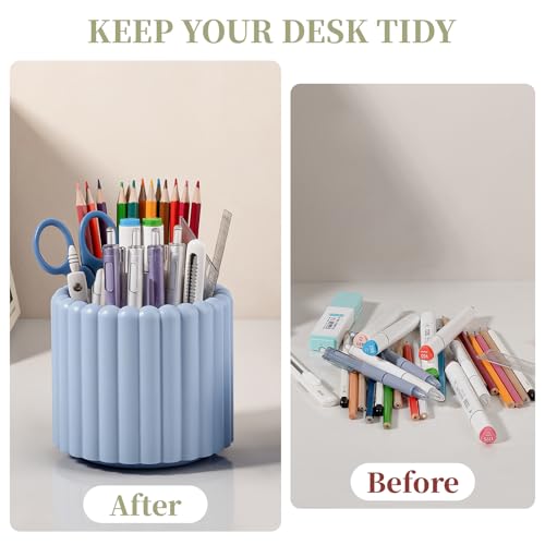 Anyoifax 360° Rotating Pen Holder 7 Slots Desk Organizer Removable Pencil Cup Plastic Art Supplies and Accessories Desktop Storage Box Caddy for Office, School, Home (Blue) - style: Stripe Blue