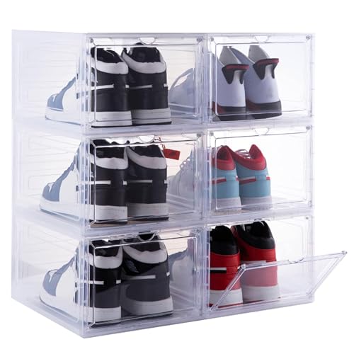 ZLLZUU Shoe Organizer Shoe Storage Boxes, 6 Pack Large Drop Front Shoe Boxes with Magnetic Door, Clear Plastic Stackable Shoe Containers (Clear White) - color: Clear, size: Large-6Pack