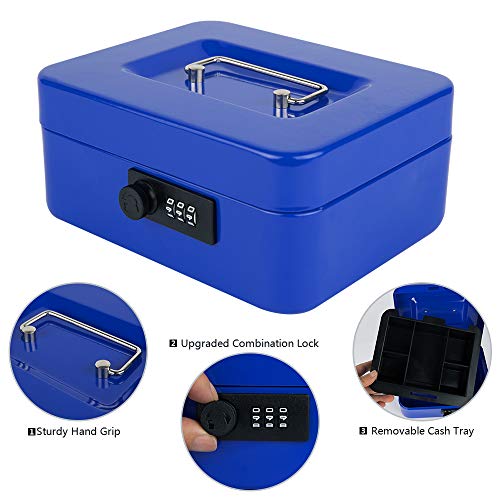 KYODOLED Cash Box with Combination Lock,Safe Metal Box for Money,Storage Lock Box with Money Tray,7.87"x 6.30"x 3.54" Blue Medium - color: Blue, size: Medium