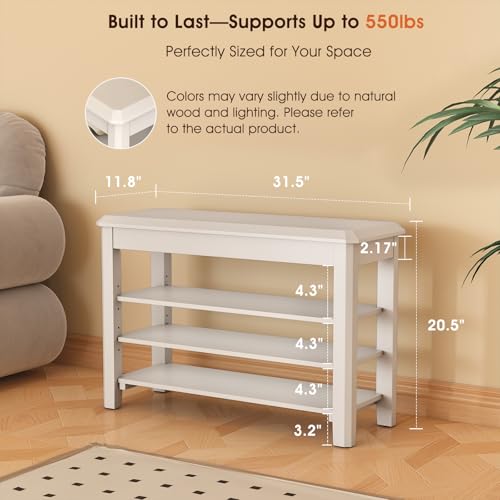 IUNVR Shoe Rack Bench Seat Rubberwood 3-Tier Wooden Storage Bench 550lbs Compact Mid-Century Modern Design for Entryway, Hallway, Closet, Front Door Entrance, Foyer - color: White-3 Tier(wood), size: 31.5"W x 11.8"D x 20.5"H