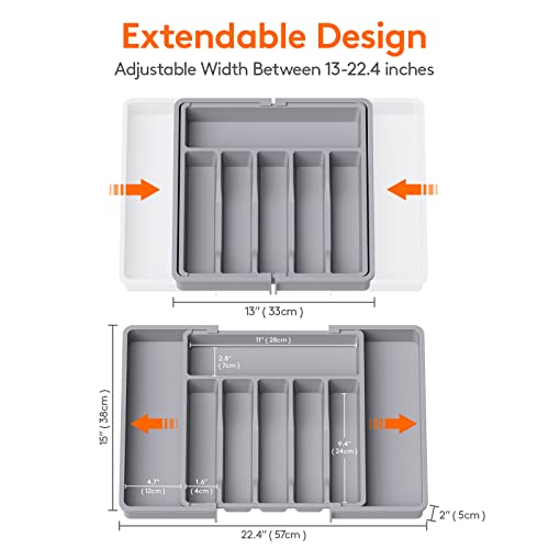 Lifewit Silverware Drawer Organizer, Expandable Utensil Tray for Kitchen, BPA Free Flatware and Cutlery Holder, Adjustable Plastic Storage for Spoons Forks Knives, 13-22 x 15", Grey - color: Gray, size: XL (13-22''W x 15''D)
