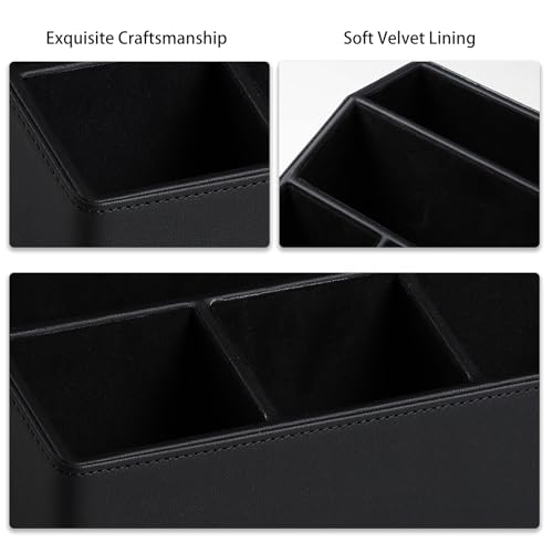 Remote Control Holder with 5 Compartments for Office Art Supplies, PU Leather Nightstand Organizer Pencil Pen Desk Caddy for Home, Desktop TV Remote Control Organizer Storage (Black) - color: Black