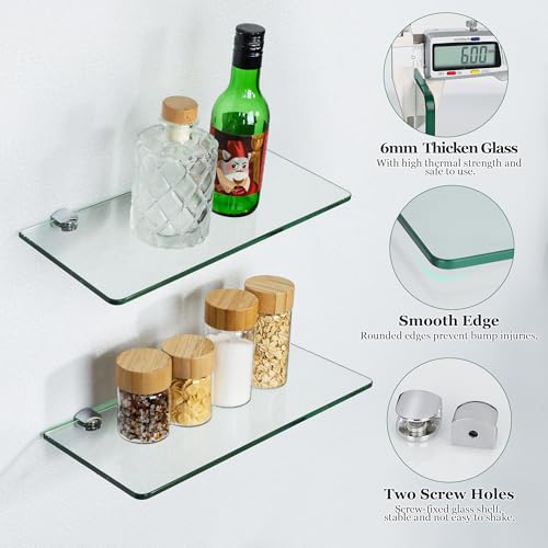 SAYAYO Glass Floating Shelves for Wall, Tempered Glass Shelves for Bathroom, Living Room, Bedroom, Office, Toilet, Kitchen Decor, 12 Inch Set of 2, Clear - color: Clear, size: 2 PCS