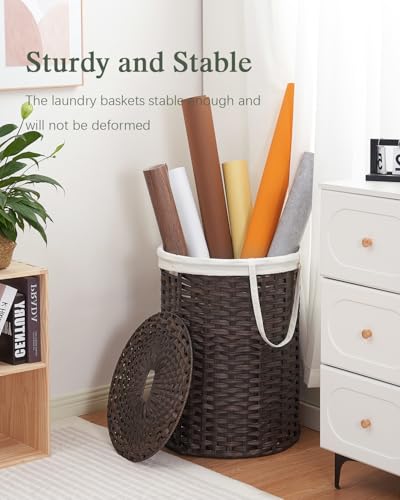 SETVSON Laundry Basket with Lid Round Rattan Laundry Hamper with Lid and Handles 29.1 Gal (110 L) Handwoven Woven Basket with Removable Bags and 2 Mesh Bags for Bathroom Living Room Brown - color: Brown, size: 110L