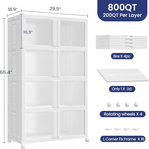 200GAL Large Stackable Storage Bins with Lid and Wheels, 800Qt Collapsible Organizer Cabinet with Clear Door, for Closet, Bedroom, Kitchen, Garage, 4-Pack White - style: 4 Pack