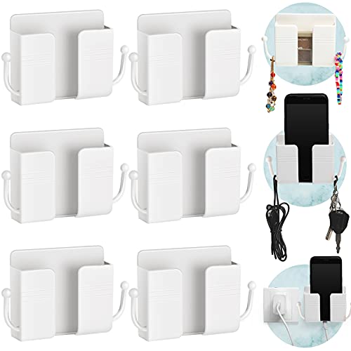 Jetec 6 Pcs Wall Mount Phone Holder Self-Adhesive Wall Beside Organizer Storage Box Plastic Charging Phone Stand Remote Brackets Holder for Bedroom(White) - color: White