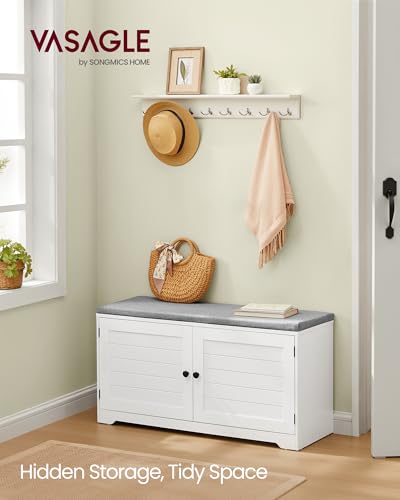 VASAGLE Shoe Storage Bench with Cushion, 3-Tier Entryway Bench with Padded Seat, Doors, Adjustable Shelves, 14 x 39.8 x 20.7 Inches, for Hallway, Bedroom, Cloud White and Dove Gray ULSB044W01 - color: Cloud White + Dove Gray, size: 14"D x 39.8"W x 20.7"H