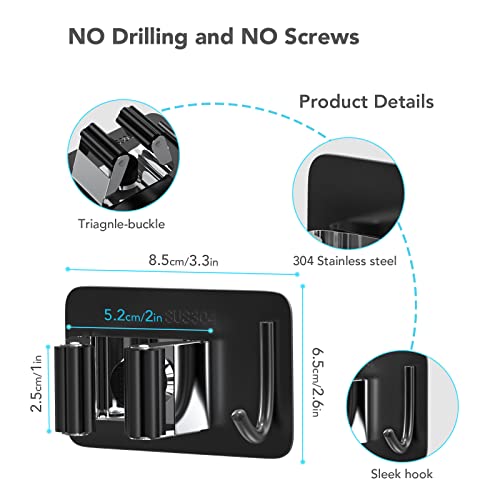homeasy Mop Broom Holder No Drill, Mop Broom Organizer Wall Mounted Heavy Duty with Hooks Hanger, Self Adhesive Stainless Steel 4Pcs for Bathroom, Kitchen, Office (Multicolor) - color: Black Mix