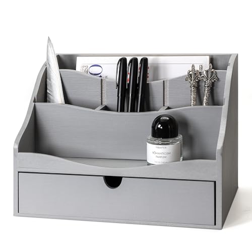 Pine Wood Mail Organizer for Desk - Rustic Farmhouse Mail Sorter Countertop Organizer for Letter Paper, Files & Everyday Essentials - Wooden Folder Organizer with Drawer for Home & Office Decor (Gray) - color: B-Gray