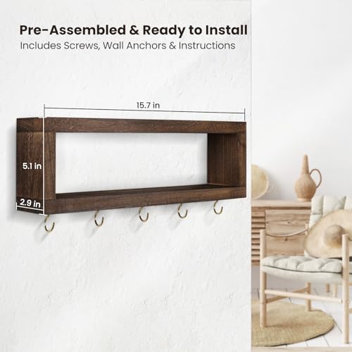 Lwenki Wall Shelf with Hooks - Decorative Key and Wallet Holder for Wall Holds Sunglasses, Leashes, Scarves and Lanyards - 15.7" x 5.1" x 2.9" Entryway Organizer Made of Paulownia Wood (Brown) - color: Brown