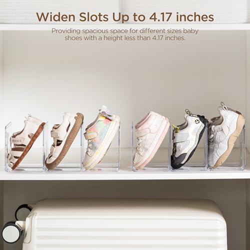 HBlife Widened 4.17 Inch Clear Acrylic Kids Shoe Rack for Closet Organizers and Storage, Small Shoe Rack 3 Sections Toddler Baby Shoe Storage Organizer Shelf, Desk File Book Purse Organizer(4 Pack) - color: Clear, size: 4 Pack(3 Sections Widened)