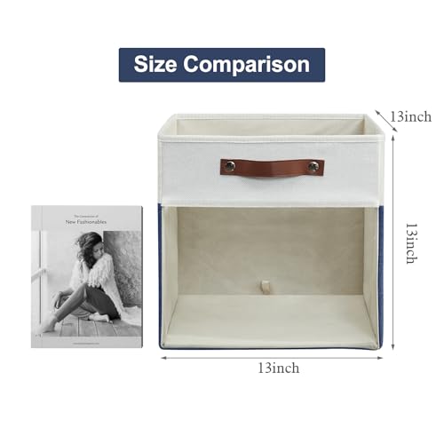 Bagnizer Storage Cubes, 4 Pack Linen Foldable Storage Bins (13 x 13 inch) with Clear Window and Handles, Fabric Organizer for Shelf Closet, Clothes, Books - (Navy Blue and White) - color: Navy Blue / Off-White, size: 13 x 13 x 13