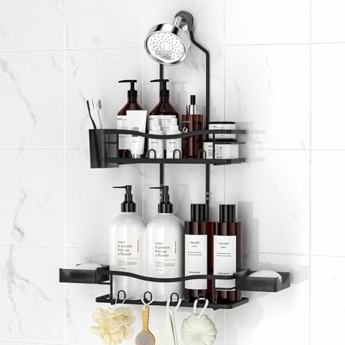 REINHARDT Shower Caddy Hanging, Rustproof Shower Caddy Anti-Swing Shower Organizer Over Showerhead No Drilling Shower Racks with Soap Holder Multi Hooks Bathroom Storage for Shampoo Sponge, Black - color: Black