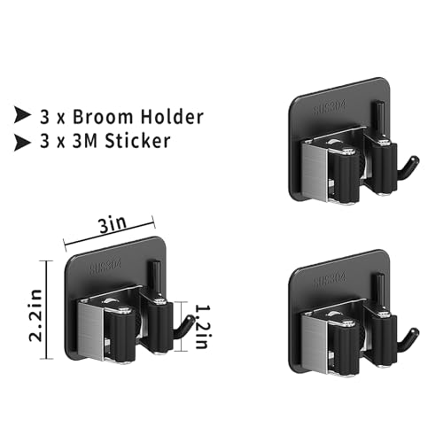 Broom Holder Wall Mount,Mop and Broom Holder Wall Mount Command,3pcs Garden Tool Organizer,304 Stainless (Black)