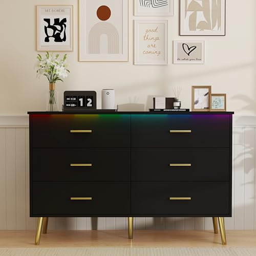 Black Dresser for Bedroom, Dressers & Chests of Drawers for Clothes Storage, Wood Dresser for Closet with 6 Drawers, Wide Long Clothes Organizer with LED Light for Hallway, Entryway, Metal Handles - color: Black