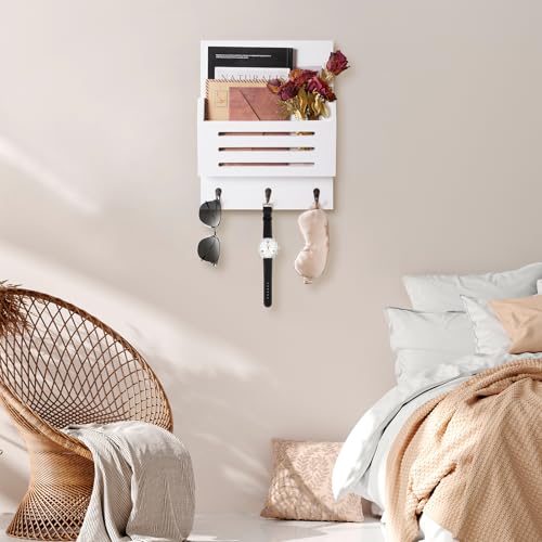 Key and Mail Holder Wall Mount, 2-Slot Wooden Mail Organizer with 3 Key Hooks, Decorative Mail Sorter Wall Mounted, Rustic Key Rack Hanger for Entryway, Farmhouse, Home Decor, White - color: White