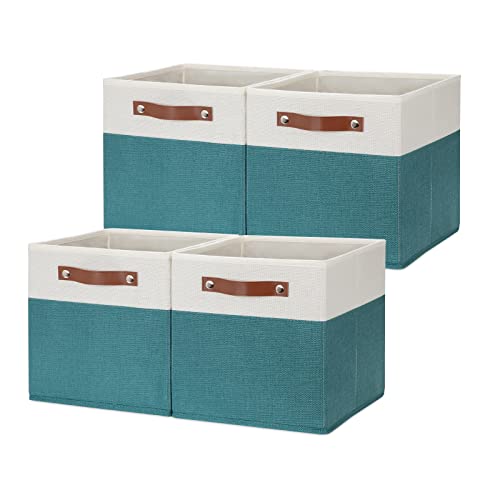 HNZIGE Fabric Storage Cube Bins Baskets for Organizing, 11 inch Cube Storage Bins, Set of 4, Collapsible Storage Bin with Handles, Closet Organizers and Storage Home Toy Nursery Bedroom(White Teal) - color: Teal White, size: 11"x11"x11"-4pack