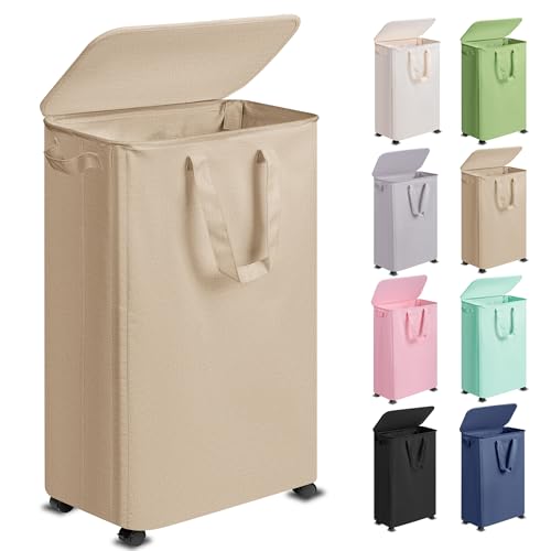 Vincona Slim Laundry Hamper with Lid and Wheels, Small Rolling Laundry Basket with Handle for Small Spaces, Tall Dirty Clothes Hampers for Dorm, Bathroom and Bedroom, 75L, Oatmeal - color: Oatmeal, size: 75L