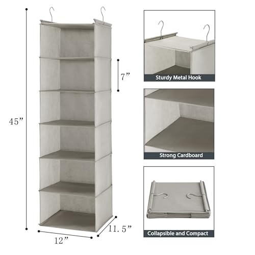 MAX Houser 6 Tier Shelf Hanging Closet Organizer, Closet Hanging Shelf with 2 Sturdy Hooks for Storage, Foldable (Light Grey) - color: Light Grey
