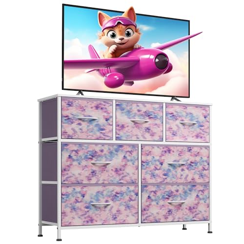 WLIVE 7 Drawer Dresser TV Stand, Entertainment Center, Media Console Table with Wood Top for TV up to 45 inch, Chest of Drawers for Bedroom, Living Room, Tie-dye Print (Pink, Purple, Blue) - color: Tie-dye Purple Print