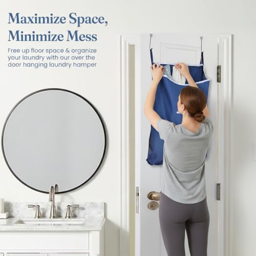 Fine Living Large Hanging Laundry Hamper with Over Door Hooks & Adhesive, Durable Space Saving Laundry Bag with Zipper and Wide Open Top, Hanging Dorm Laundry Hamper 18"x4.75"x28" (Navy Blue-L) - color: Navy Blue-L, size: Large