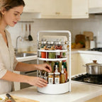 Rotating Spice Rack with Paper Towel Holder, 2 Tier Turntable Lazy Susan, Seasoning Organizer for Kitchen Countertop Cabinet, White - color: White