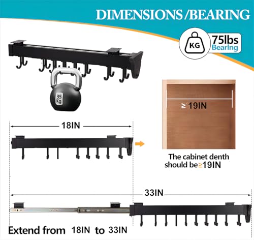 Hanging Pot Rack with 8 Hook for Cabinet 18inch Pull Out Pot and Pan organizer Adjustable Pot Racks with Sliding Rail Storage Utility Rack Used for Kitchen/Closet/Cupboard,Load 75LBS - size: 18.1 in