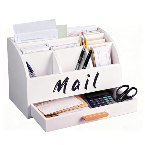 goprety Mail Organizer for Desk - Countertop Bill Holder with File Storage, Wooden Desktop with Drawers - Home & Office Mail Management System