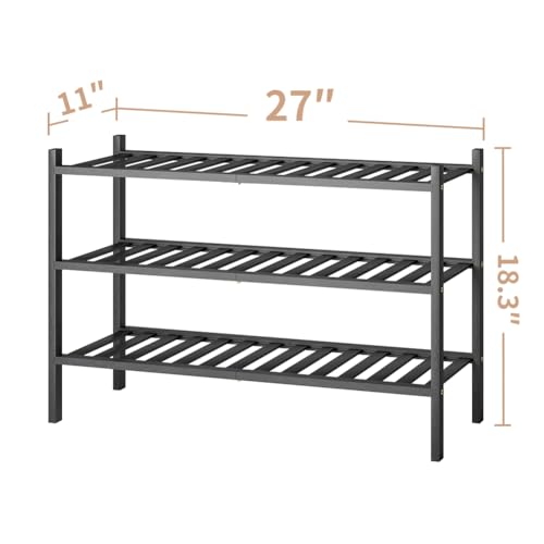 Shoe Rack, 3-Tier Bamboo Stackable Shoe Shelf Storage Organizer, Shoe Stand for Closet, Entryway and Hallway - color: Black, size: 3-Tier-Standard