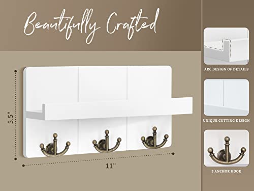 Rebee Vision Key Holder for Wall with Shelf: Elegant Farmhouse Mail Organizer with Decorative Floating Shelf and 3 Anchor Key Hooks for Wall - Retro Key Hangers for Entryway Decor (Rustic White) - color: White