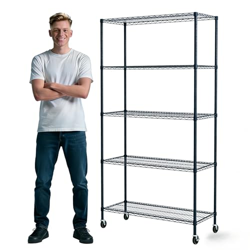 Simple Deluxe 5-Tier Heavy Duty Adjustable Shelf with Wheels, 23.23”W x 13.39”D x 59.45”H,Metal Storage Rack, Easy Tool-Free Assembly for Garage, Warehouse, Basement, Laundry, Black - color: Black, size: 5-Tier, 23.23”W x 13.39”D x 59.45”H